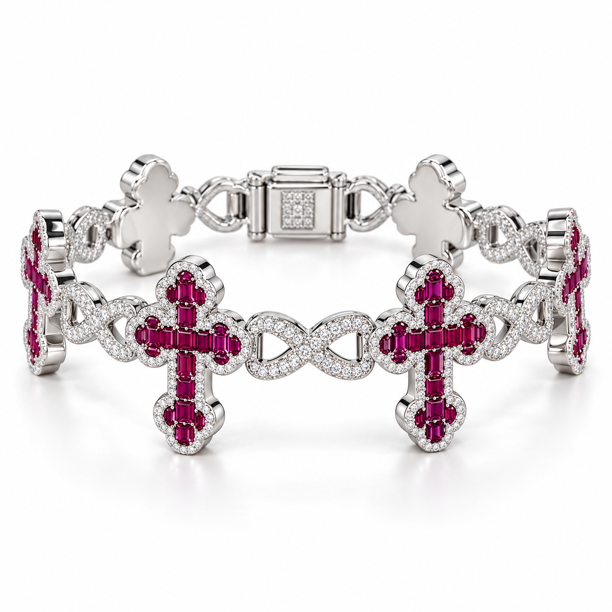 Ruby Pink Cross & Infinity Link White Gold-Tone Bracelet – Custom Iced Out Jewelry