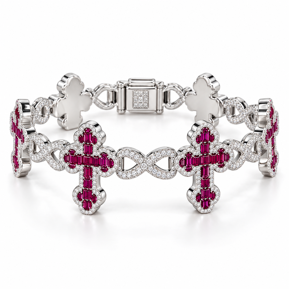 Ruby Pink Cross & Infinity Link White Gold-Tone Bracelet – Custom Iced Out Jewelry