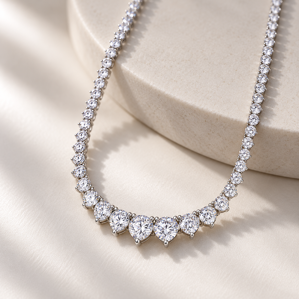 Graduated Heart & Round Cut White Gold Tennis Necklace