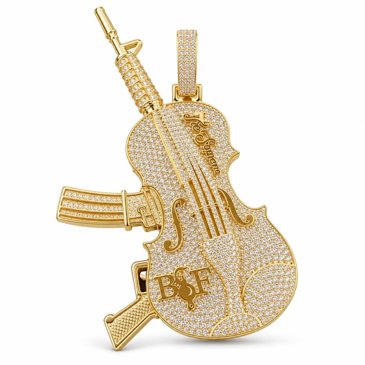Iced Out Violin Rifle Pendant – Custom Yellow Gold Tone Hip Hop Jewelry