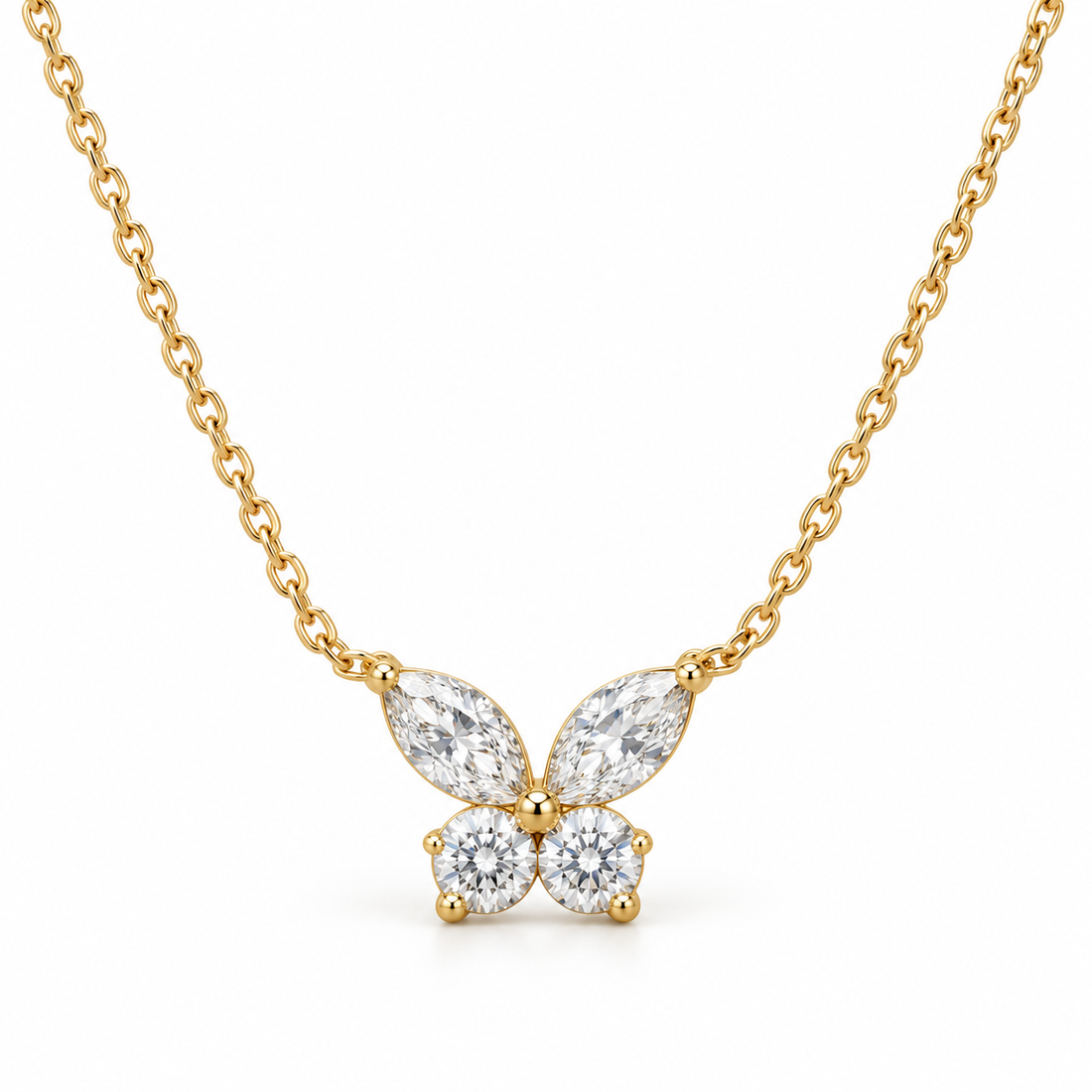 Marquise & Round Cut Butterfly Yellow Gold Necklace