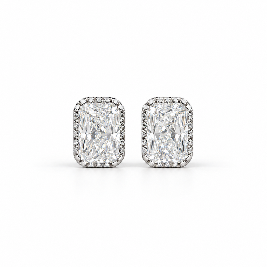Radiant Cut Halo Stud Earrings with Screw Backs