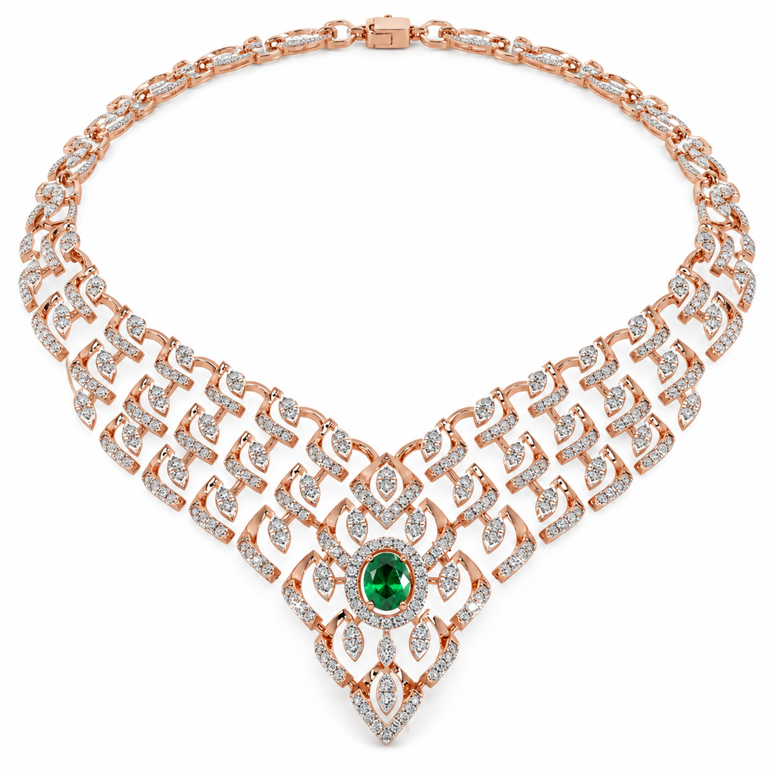 Green Oval Halo Rose Gold Geometric Bridal Statement Necklace