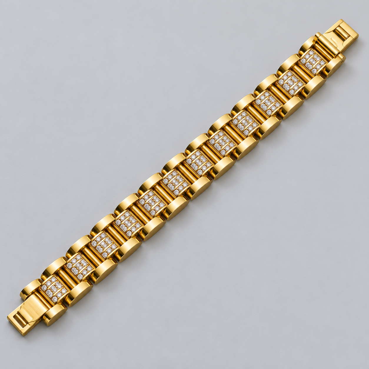 Gold-Tone Clear Stone Rectangular Panel Link Bracelet