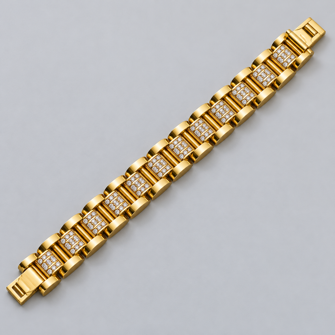Gold-Tone Clear Stone Rectangular Panel Link Bracelet