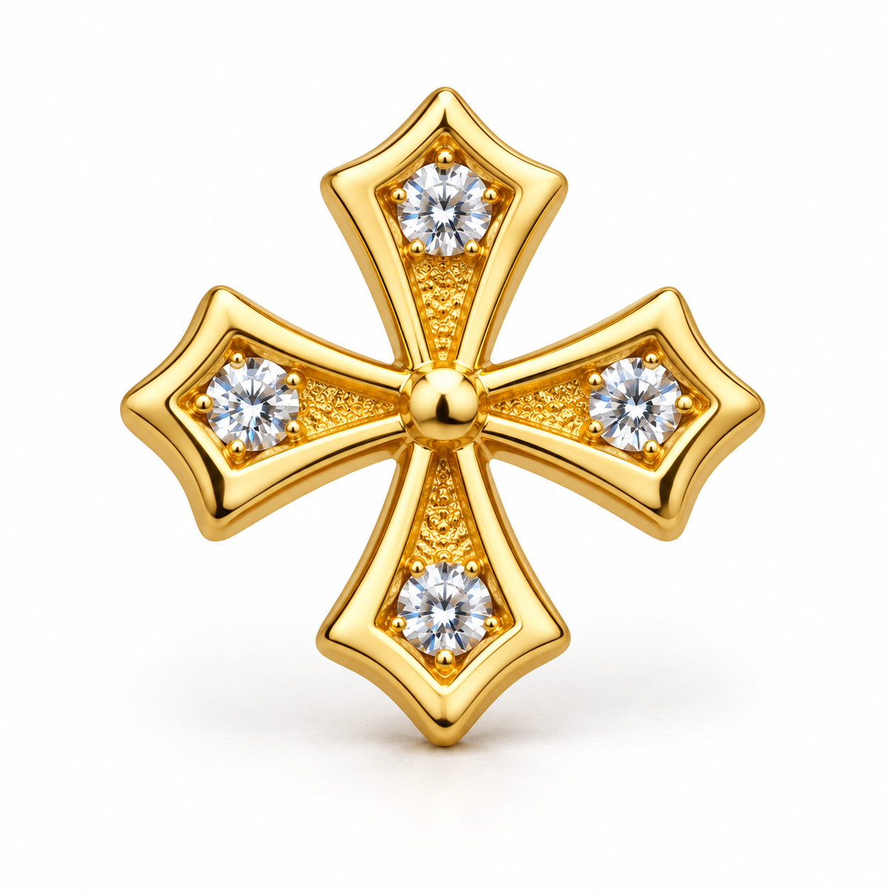 Men’s Flared Cross Yellow Gold-Tone Stud Earring with Four Round Stones