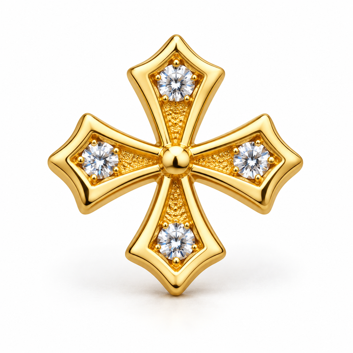 Men’s Flared Cross Yellow Gold-Tone Stud Earring with Four Round Stones