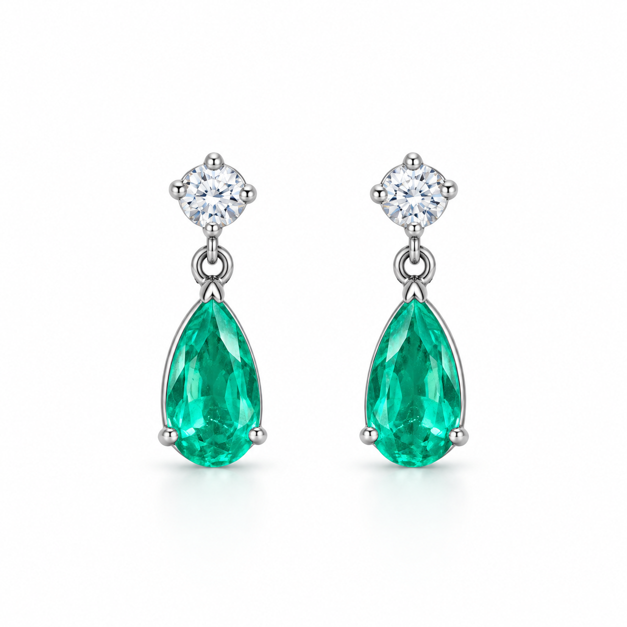 Green Pear & Round Clear Stone Drop Earrings with Screw Backs