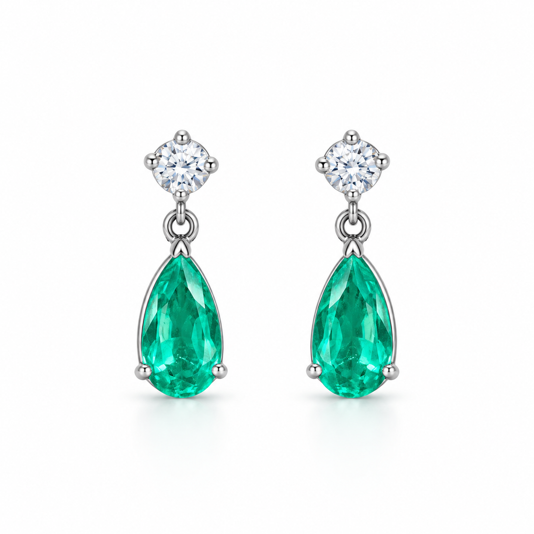 Green Pear & Round Clear Stone Drop Earrings with Screw Backs