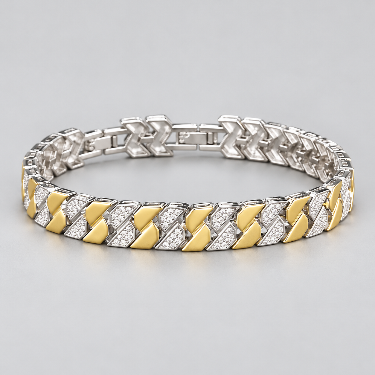 Two-Tone Yellow Gold and Silver-Tone Geometric Pavé Link Bracelet
