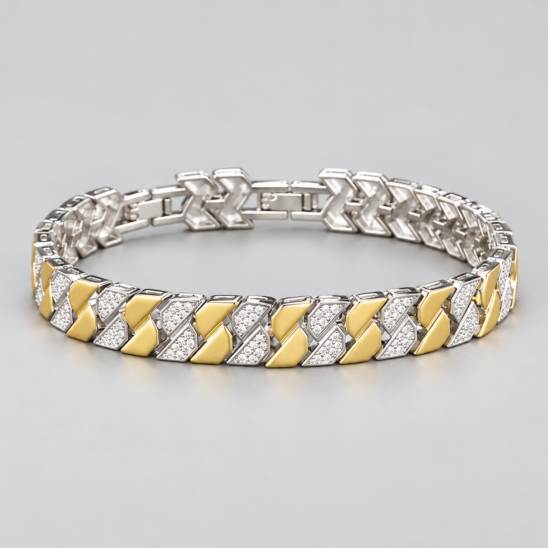 Two-Tone Yellow Gold and Silver-Tone Geometric Pavé Link Bracelet