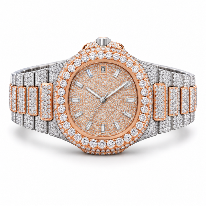 Iced Out Round Two Tone Rose Gold & Silver-Tone Watch – Custom Diamond Statement Watch