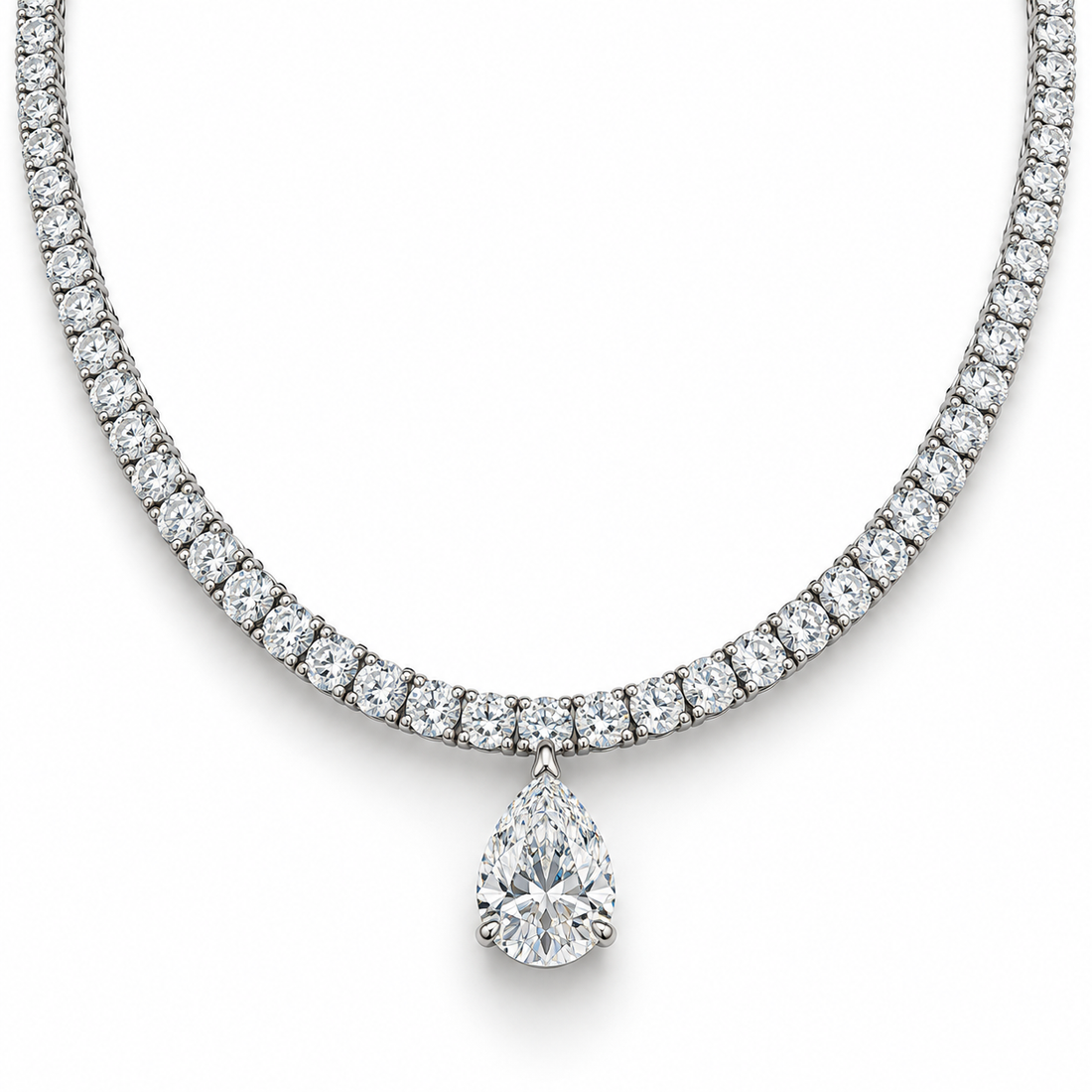 Gold Tennis NecklaceRound Cut Pear Drop White
