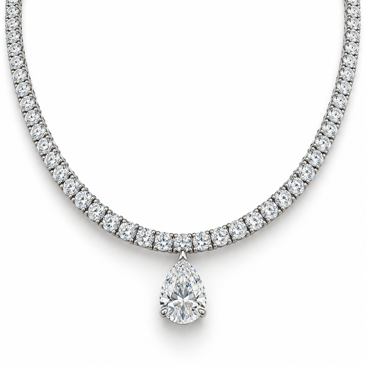 Gold Tennis NecklaceRound Cut Pear Drop White