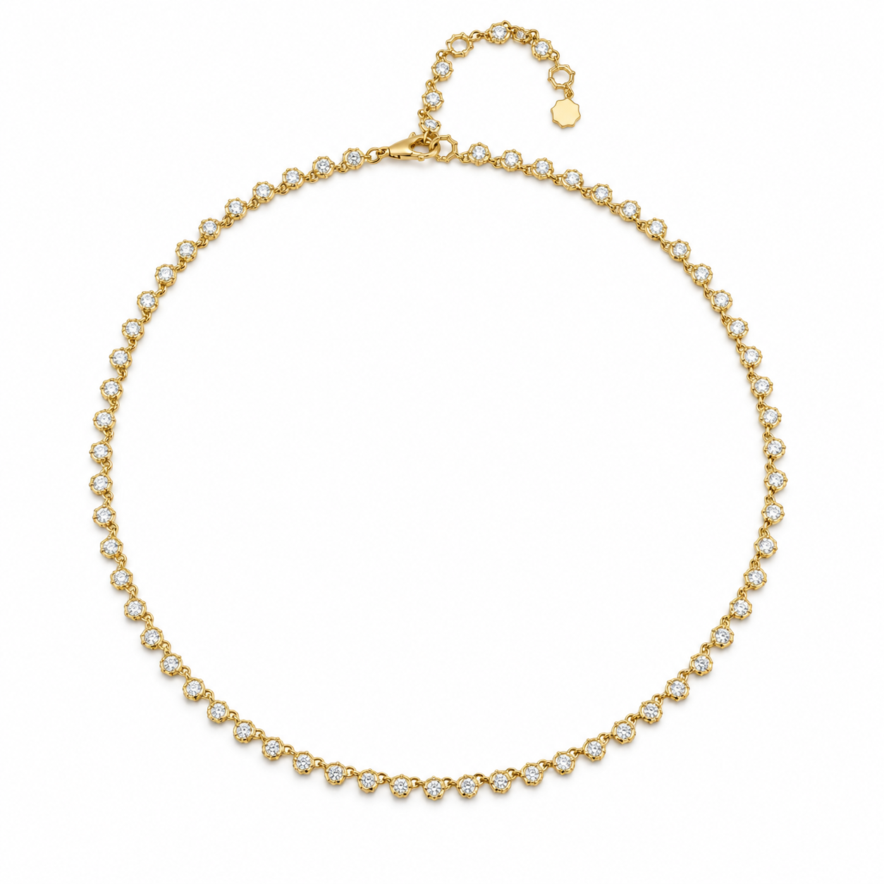 Round Cut Scalloped Bezel Yellow Gold Tennis Necklace