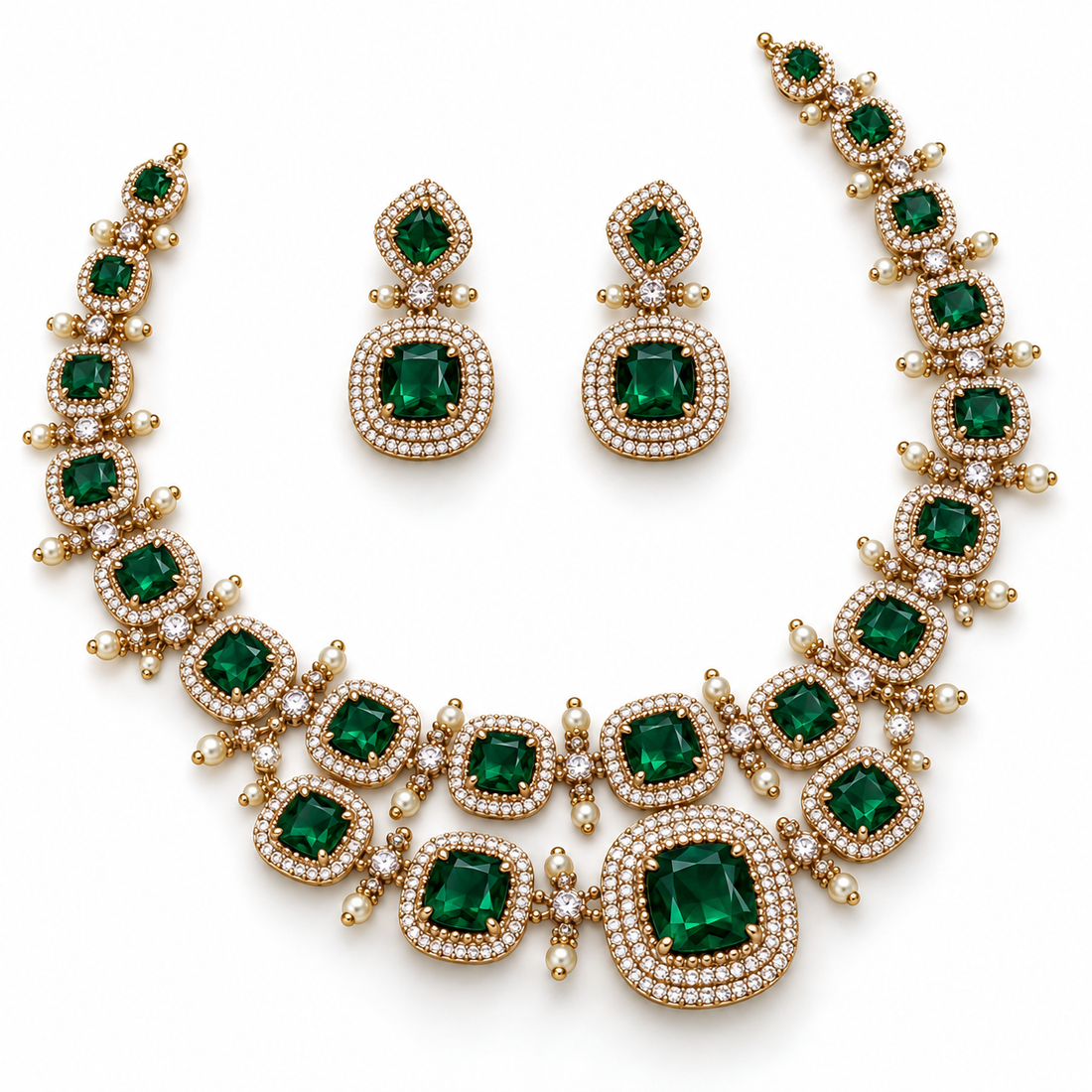 Green Cushion Cut Halo Yellow Gold Bridal Necklace & Earrings Set