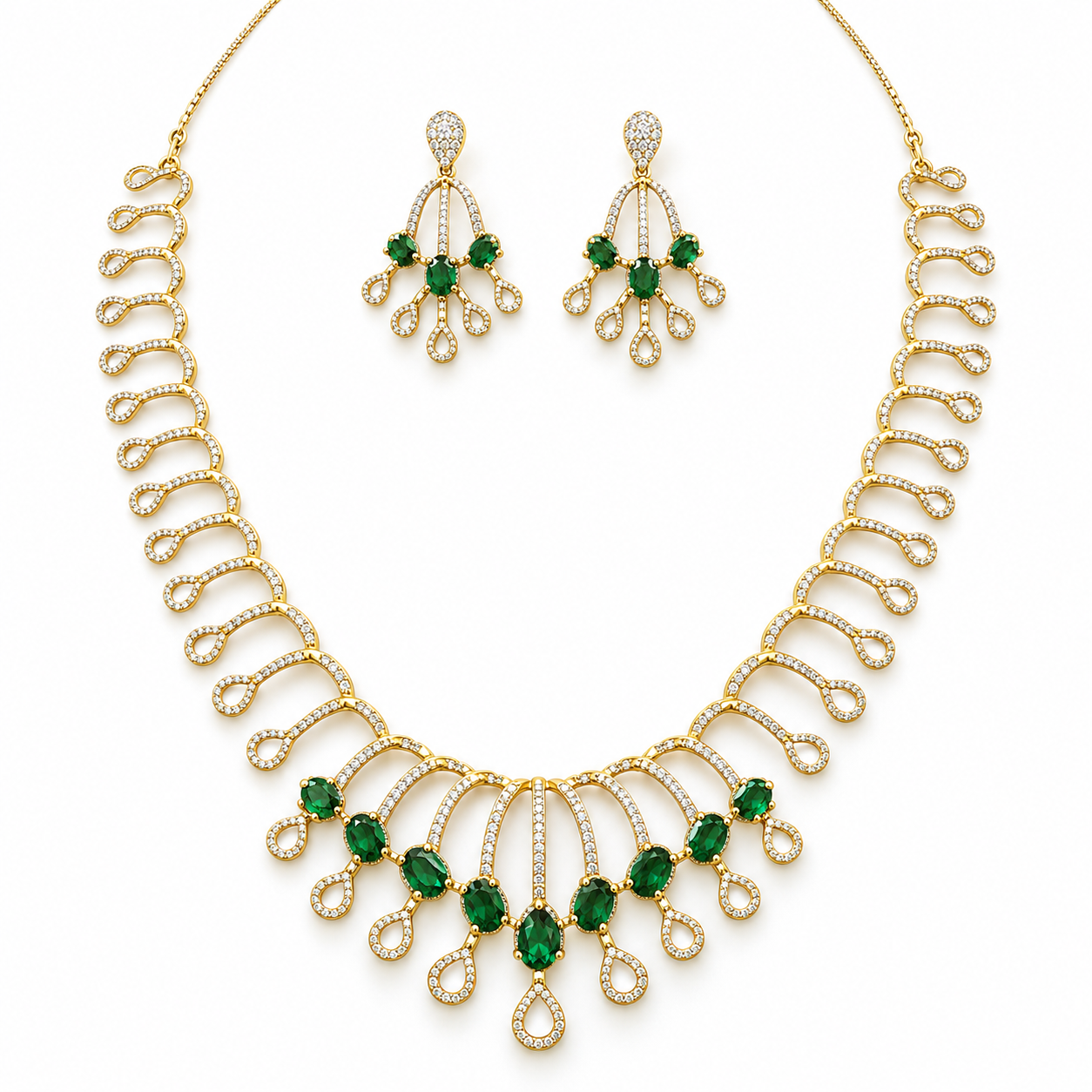 Green Oval Stone and Pavé Teardrop Loop Gold-Tone Necklace and Earrings Set