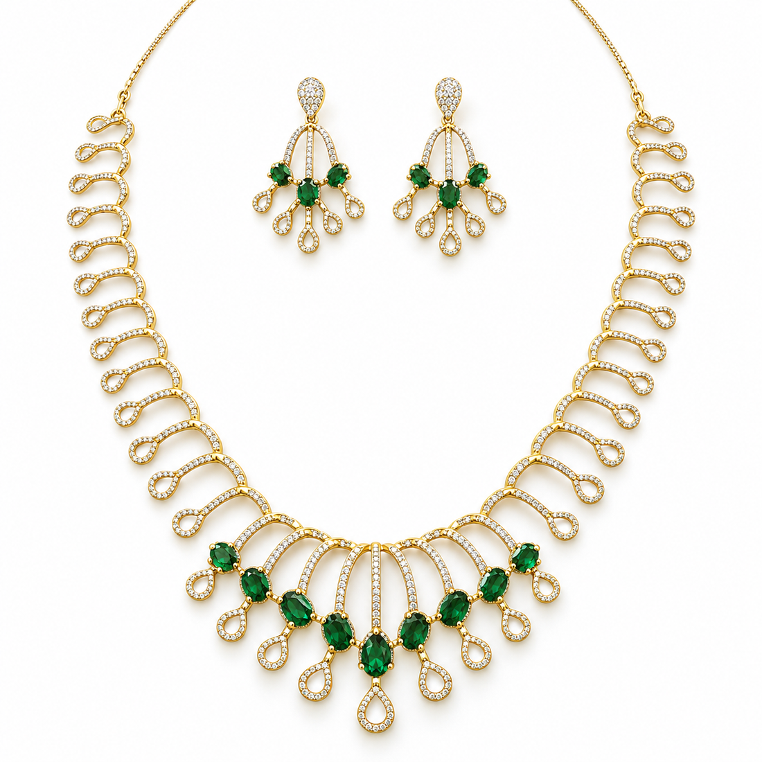 Green Oval Stone and Pavé Teardrop Loop Gold-Tone Necklace and Earrings Set