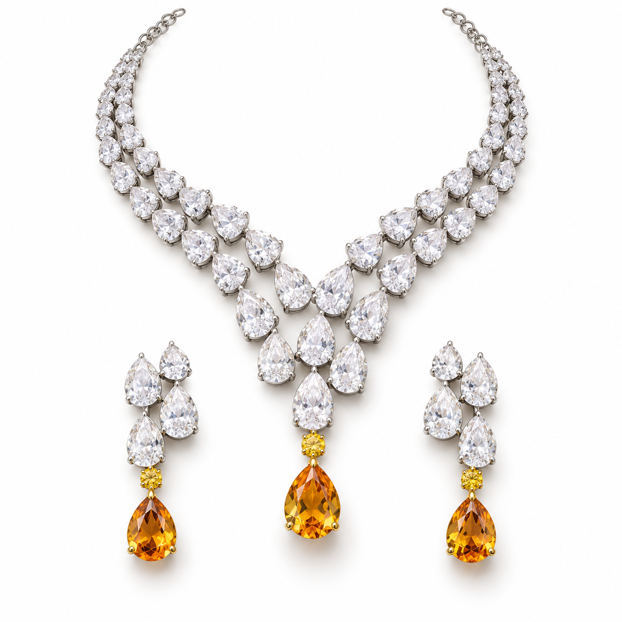 Double-Row Pear-Cut Bridal Necklace and Earrings Set with Amber-Orange Drops
