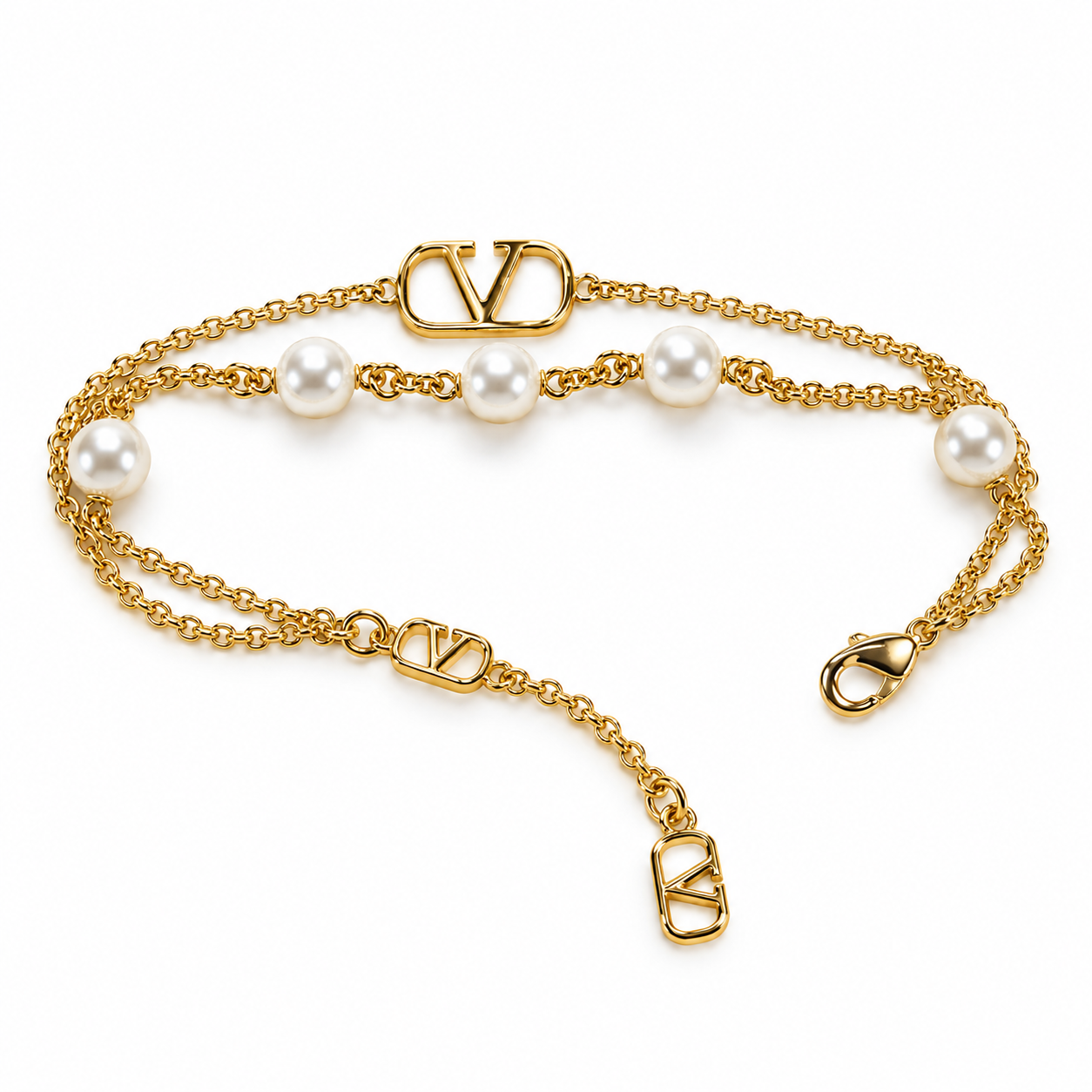 White Pearl Double-Strand Yellow Gold-Tone V Motif Bracelet