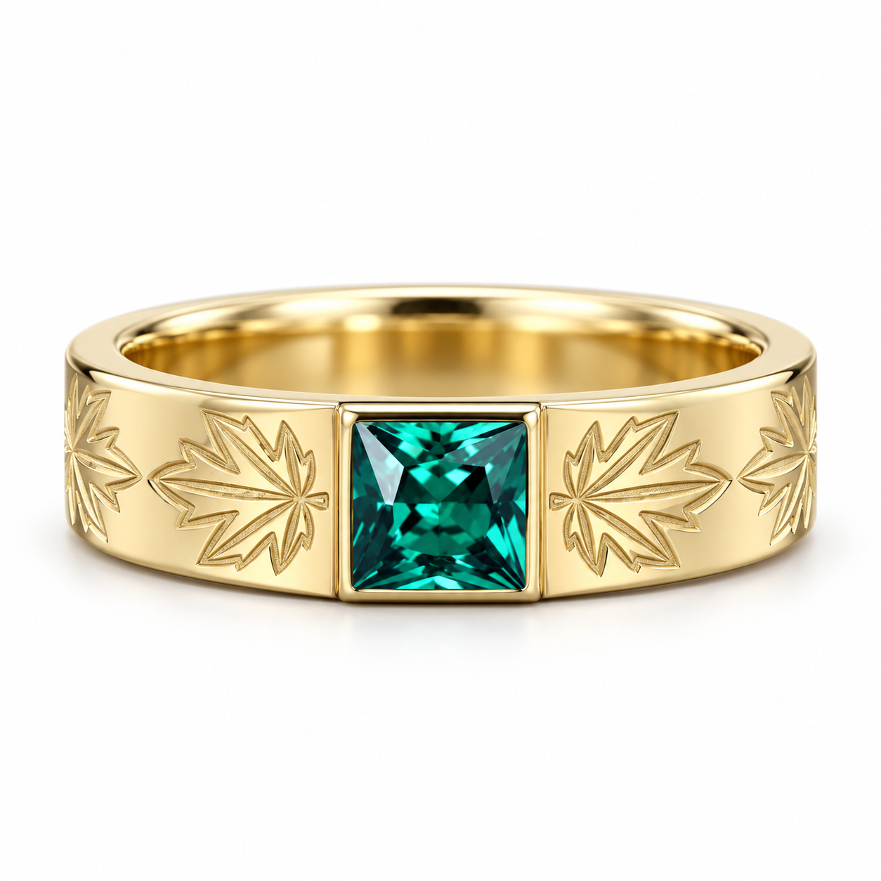 Green Princess Cut Yellow Gold-Tone Band Ring with Maple Leaf Engravings