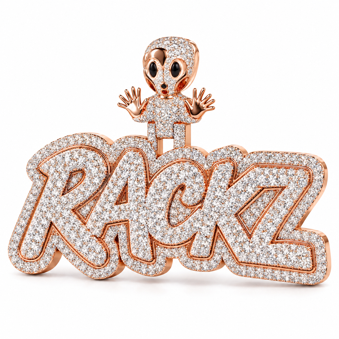 Custom RACKZ Alien Iced Out Rose Gold-Tone Name Pendant – Personalized Hip Hop Jewelry