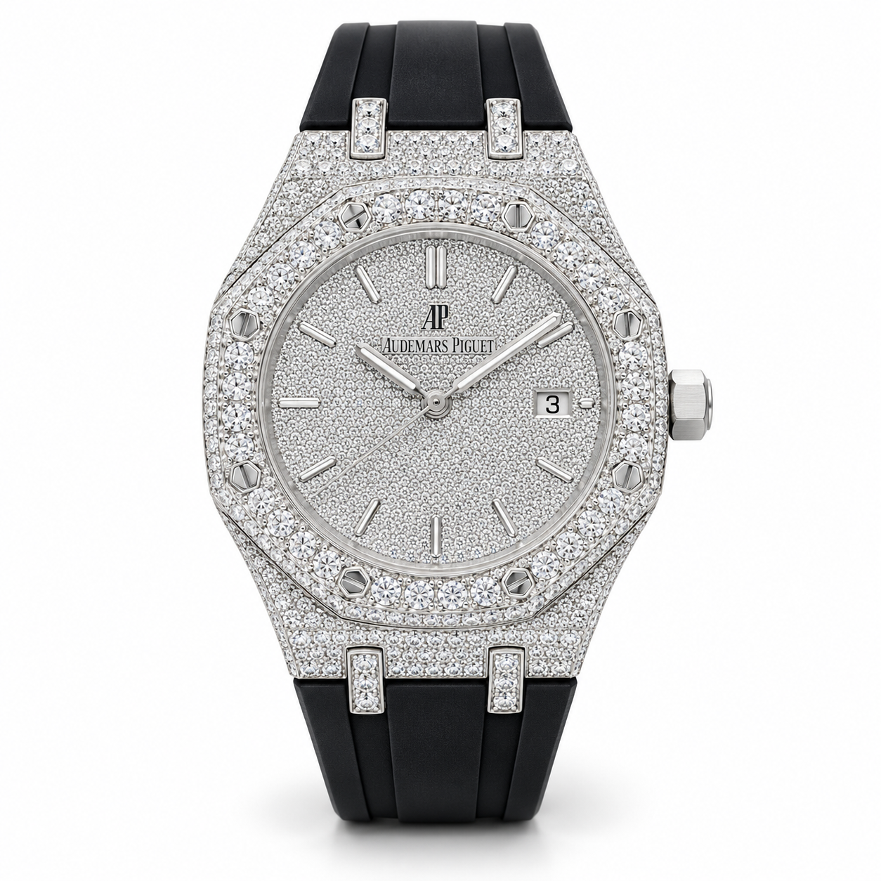 Iced Out Octagonal Silver-Tone Watch with Black Strap – Custom Diamond Statement Watch