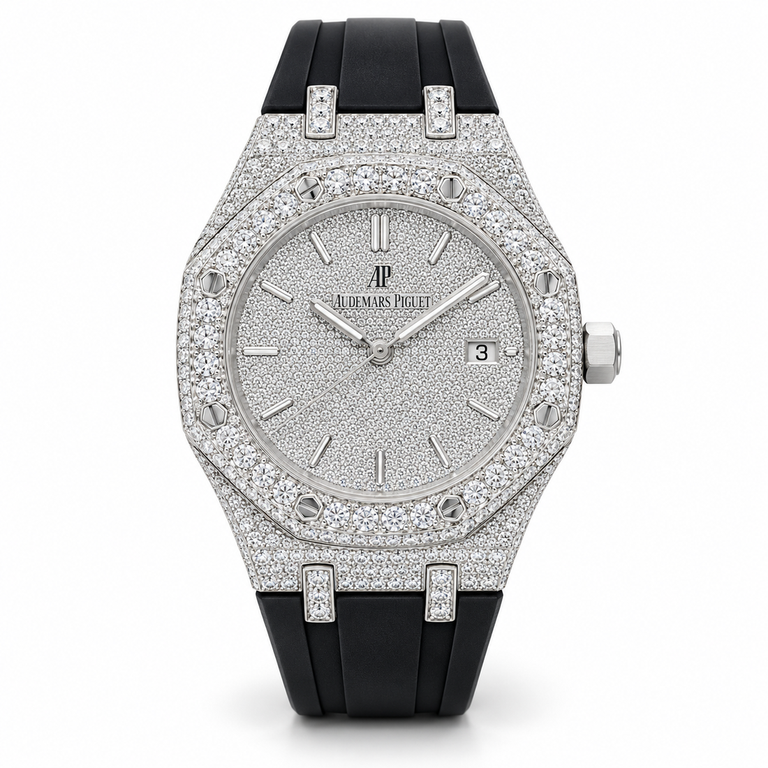 Iced Out Octagonal Silver-Tone Watch with Black Strap – Custom Diamond Statement Watch