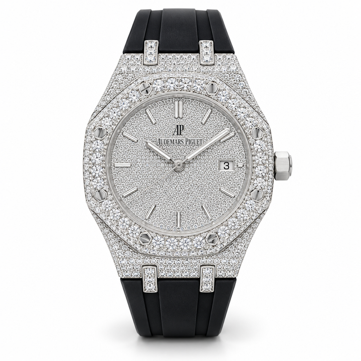 Iced Out Octagonal Silver-Tone Watch with Black Strap – Custom Diamond Statement Watch