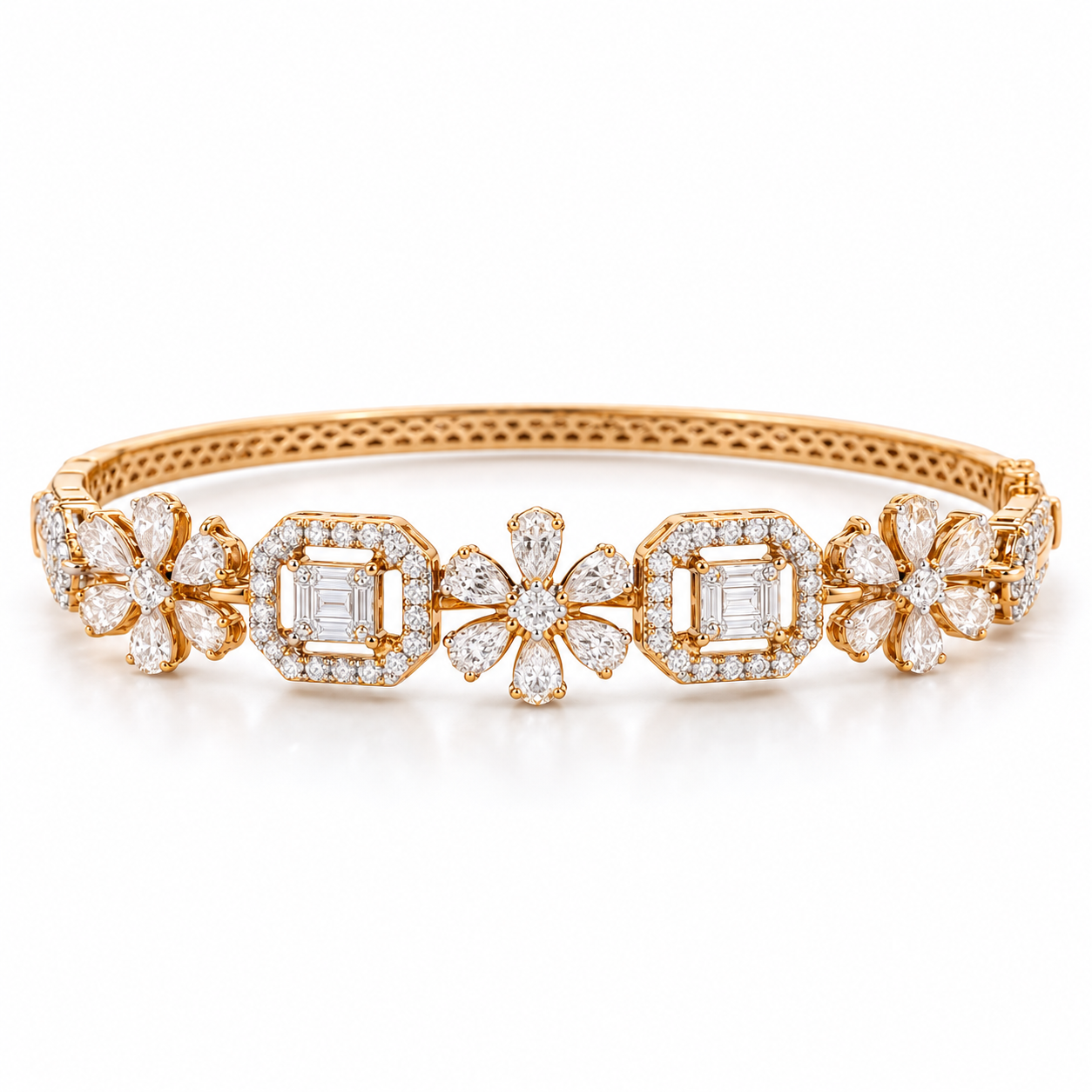 Pear-Cut Flower & Square Halo Gold-Tone Bangle Bracelet
