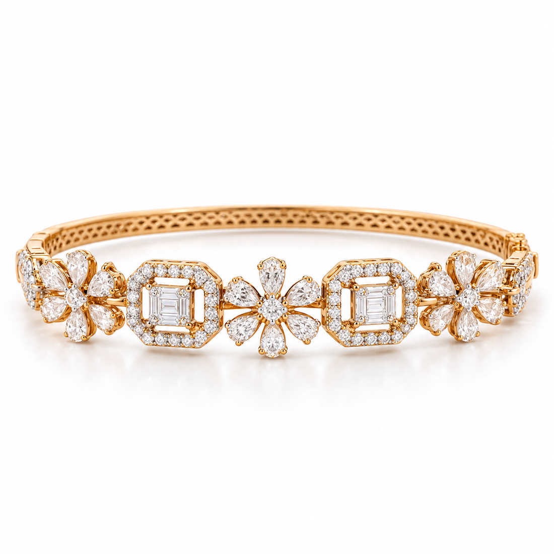 Pear-Cut Flower & Square Halo Gold-Tone Bangle Bracelet
