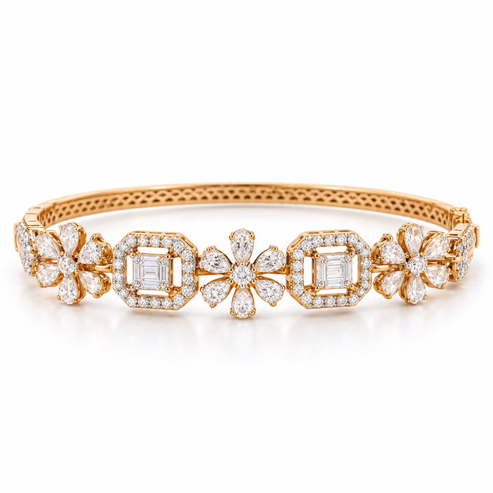 Pear-Cut Flower & Square Halo Gold-Tone Bangle Bracelet