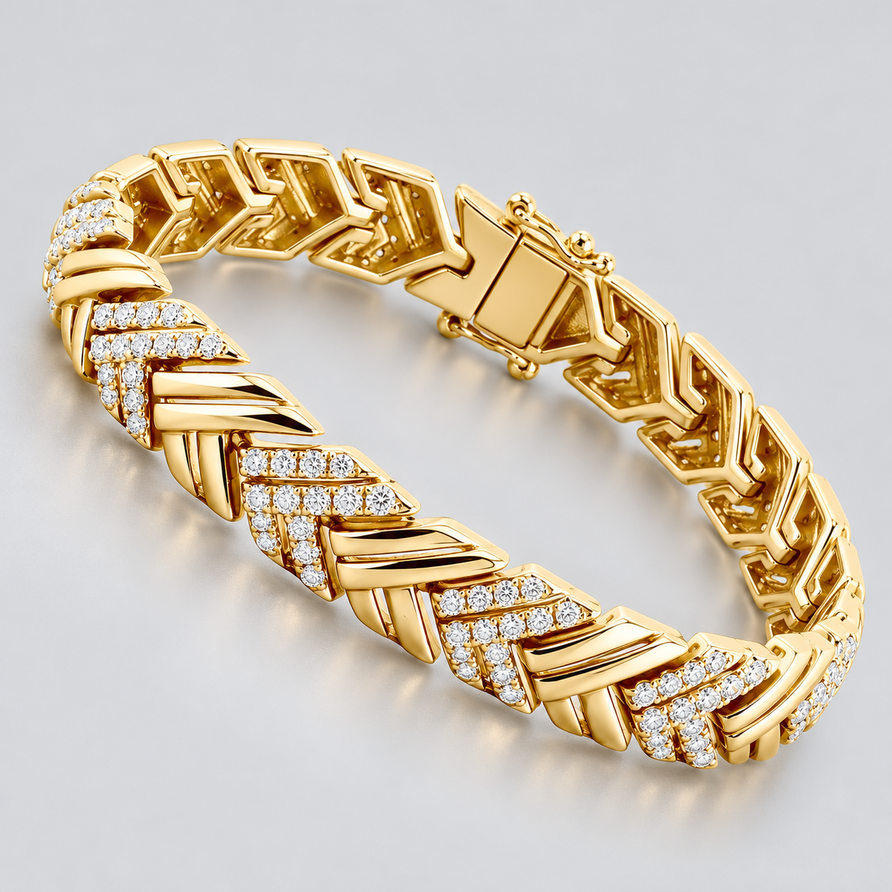 Yellow Gold-Tone Double Chevron Link Bracelet with Clear Stone Accents