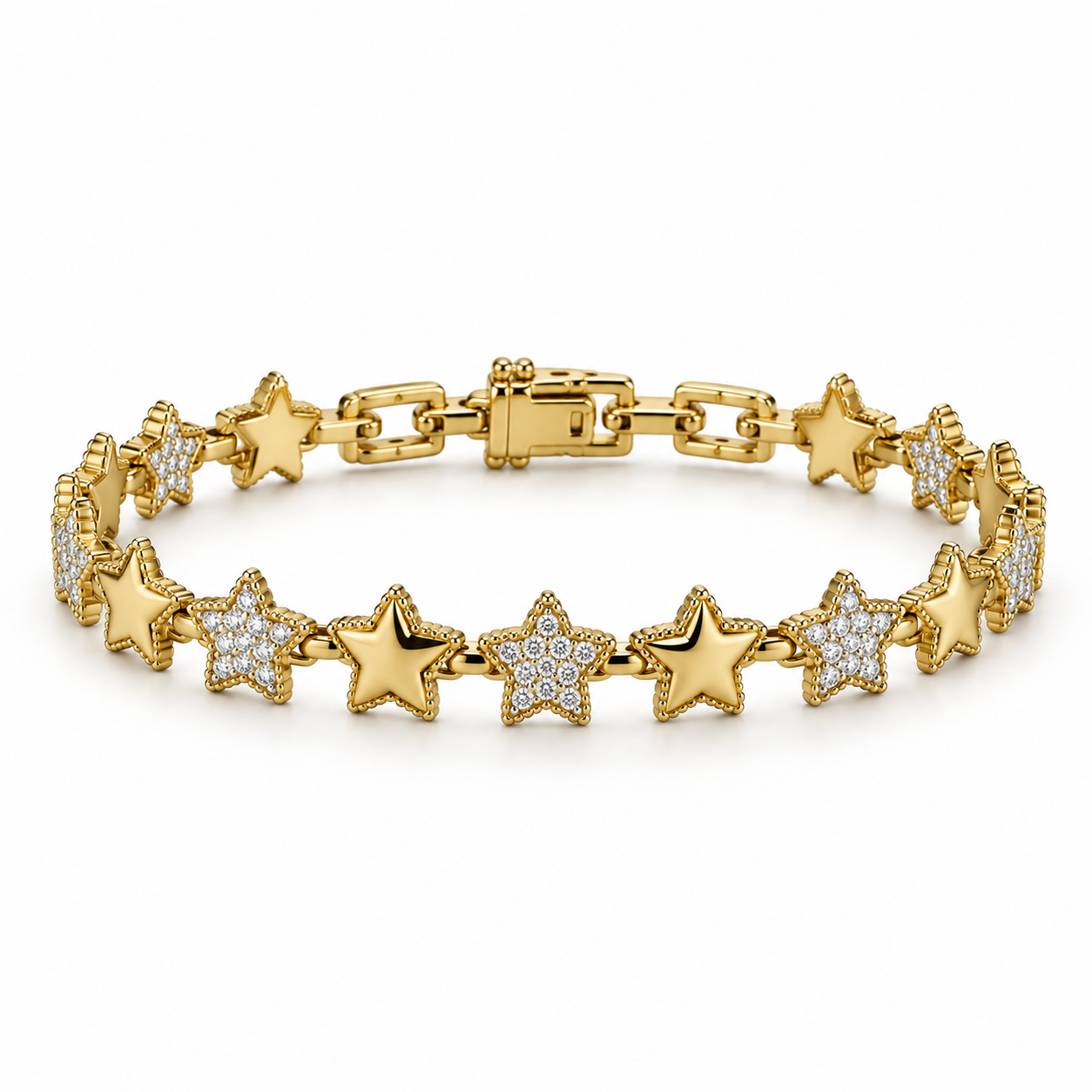 Clear Stone Pavé and Polished Star Yellow Gold-Tone Link Bracelet