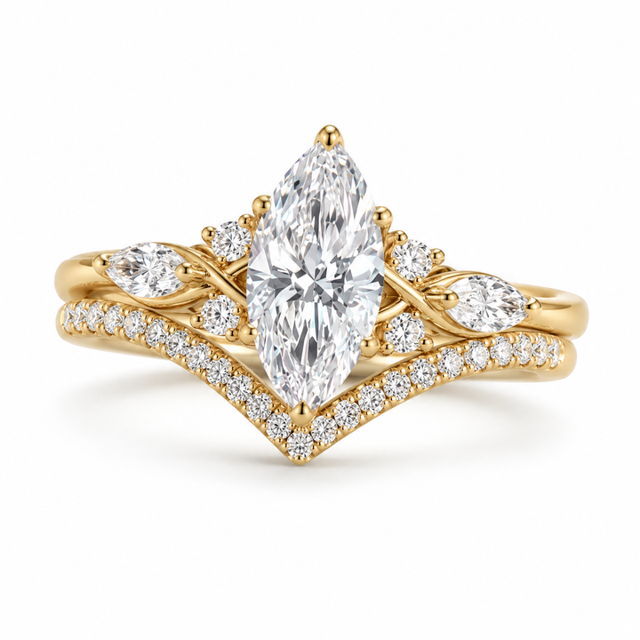 Marquise-Cut Yellow Gold-Tone Bridal Ring Set with Pavé Chevron Band