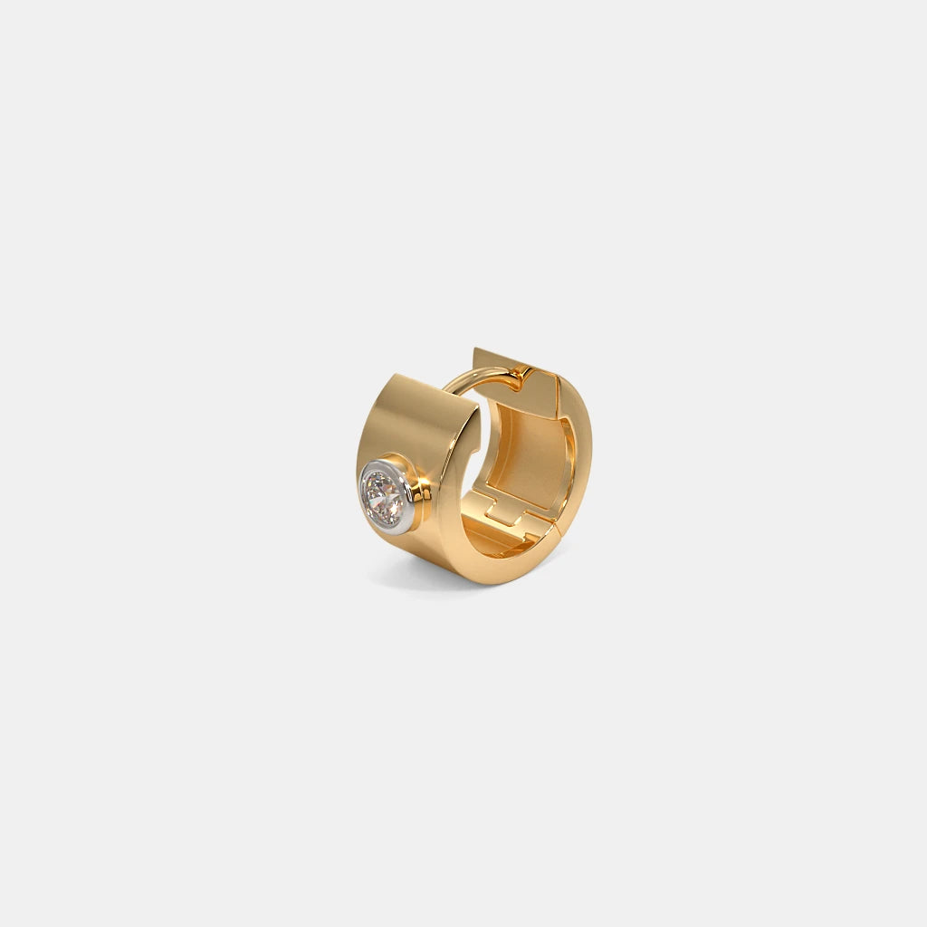 Bezel Diamond Wide Band Gold Huggie Hoop Earring