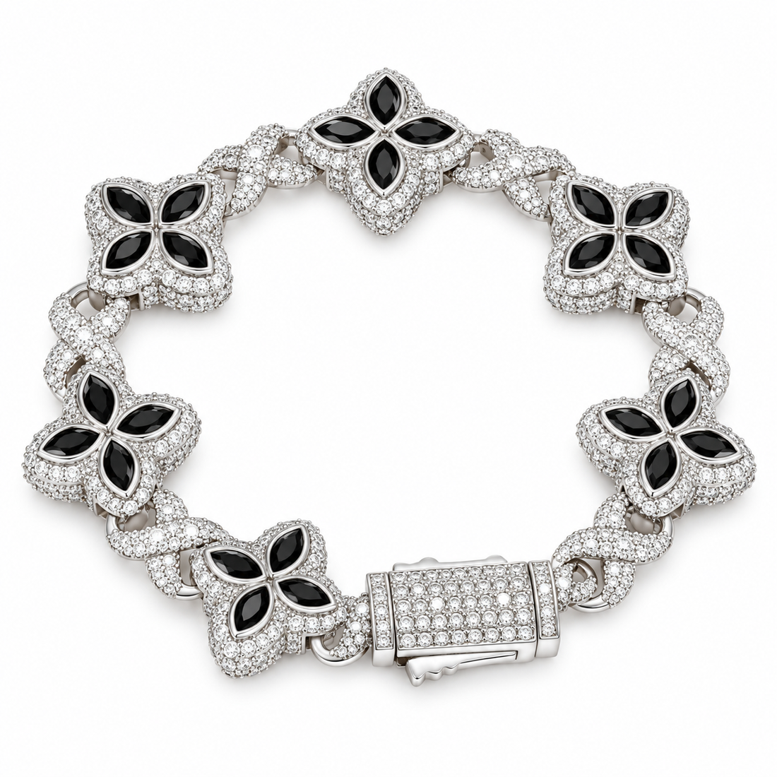 Iced Out Black Onyx Four Petal Clover Bracelet | Custom Hip Hop Jewelry