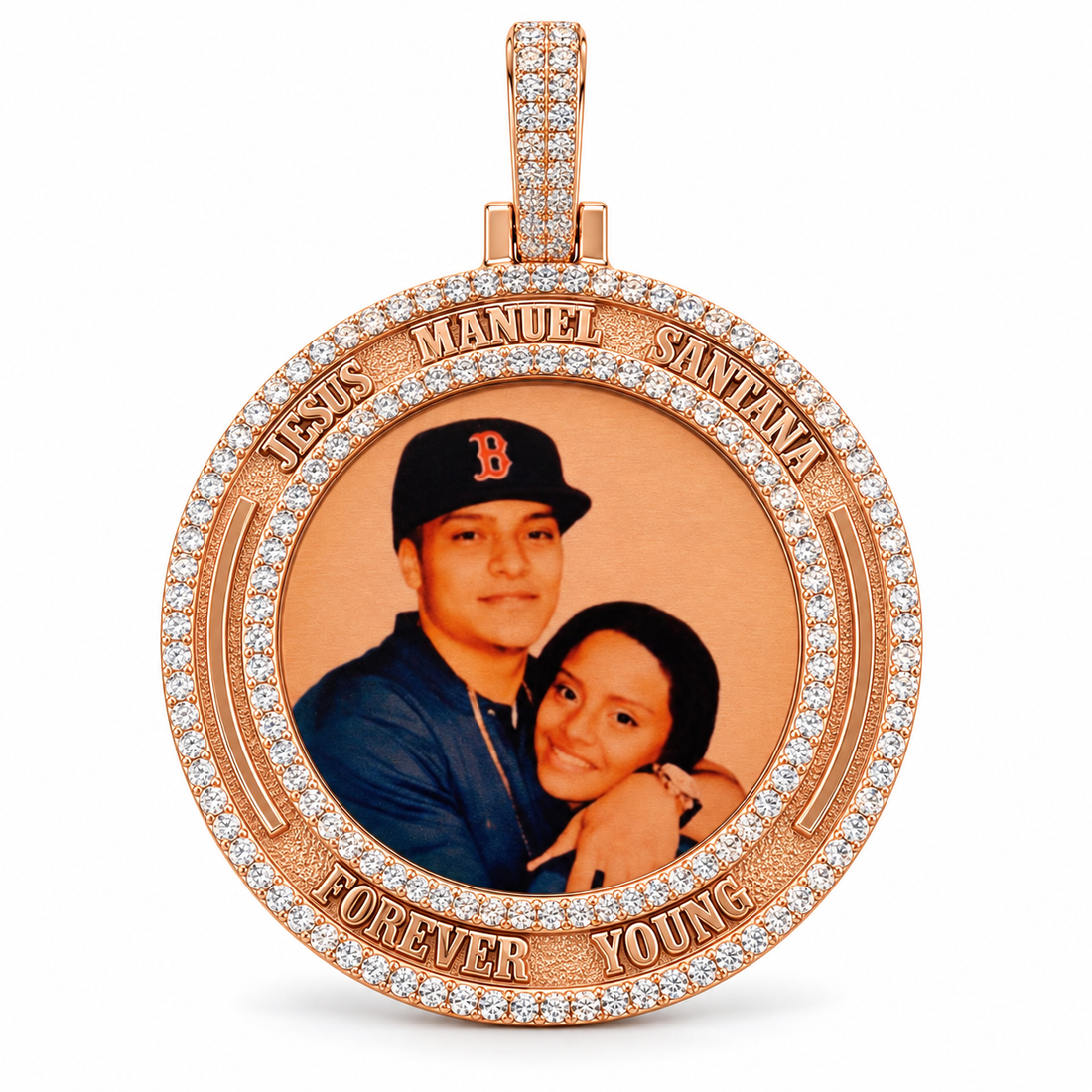 Custom Forever Young Round Photo Pendant – Rose Gold Tone Iced Out Memorial Jewelry