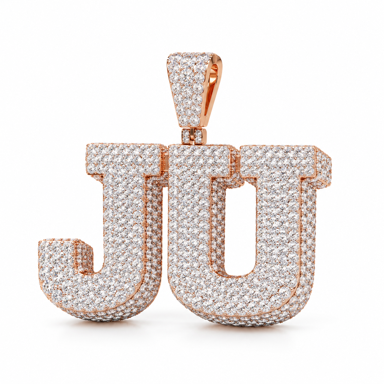 Custom JU Initial Iced Out Rose Gold-Tone Pendant – Personalized Double Letter Hip Hop Jewelry