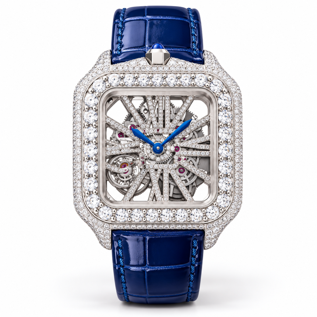 Iced Out Square Skeleton Dial Watch with Blue Strap – Custom Diamond Statement Watch