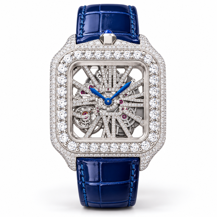 Iced Out Square Skeleton Dial Watch with Blue Strap – Custom Diamond Statement Watch