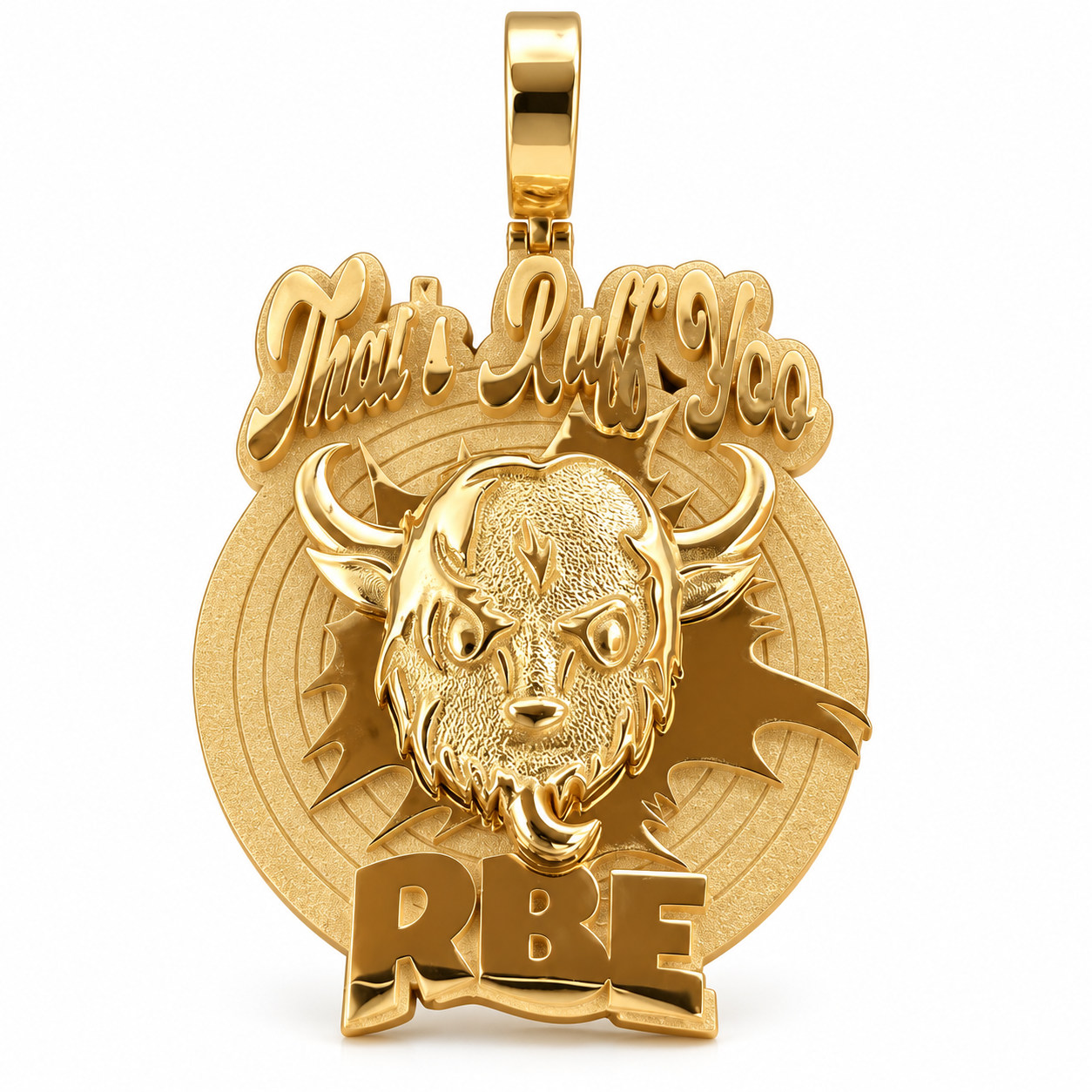 Custom Buffalo Head RBE Medallion Pendant – Polished Gold Tone Hip Hop Jewelry