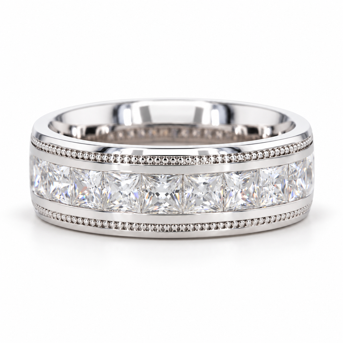 Princess Cut Channel Set White Metal Band Ring with Beaded Borders