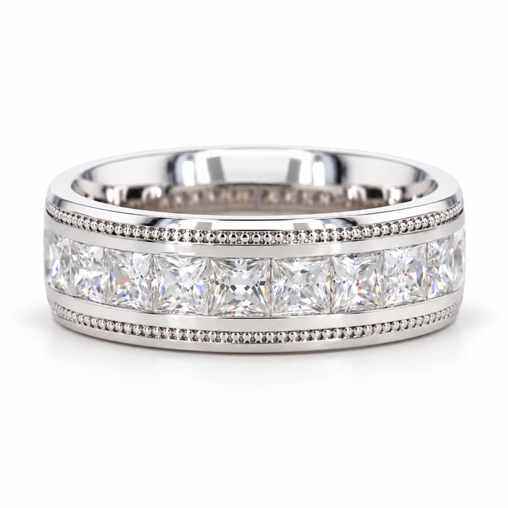 Princess Cut Channel Set White Metal Band Ring with Beaded Borders