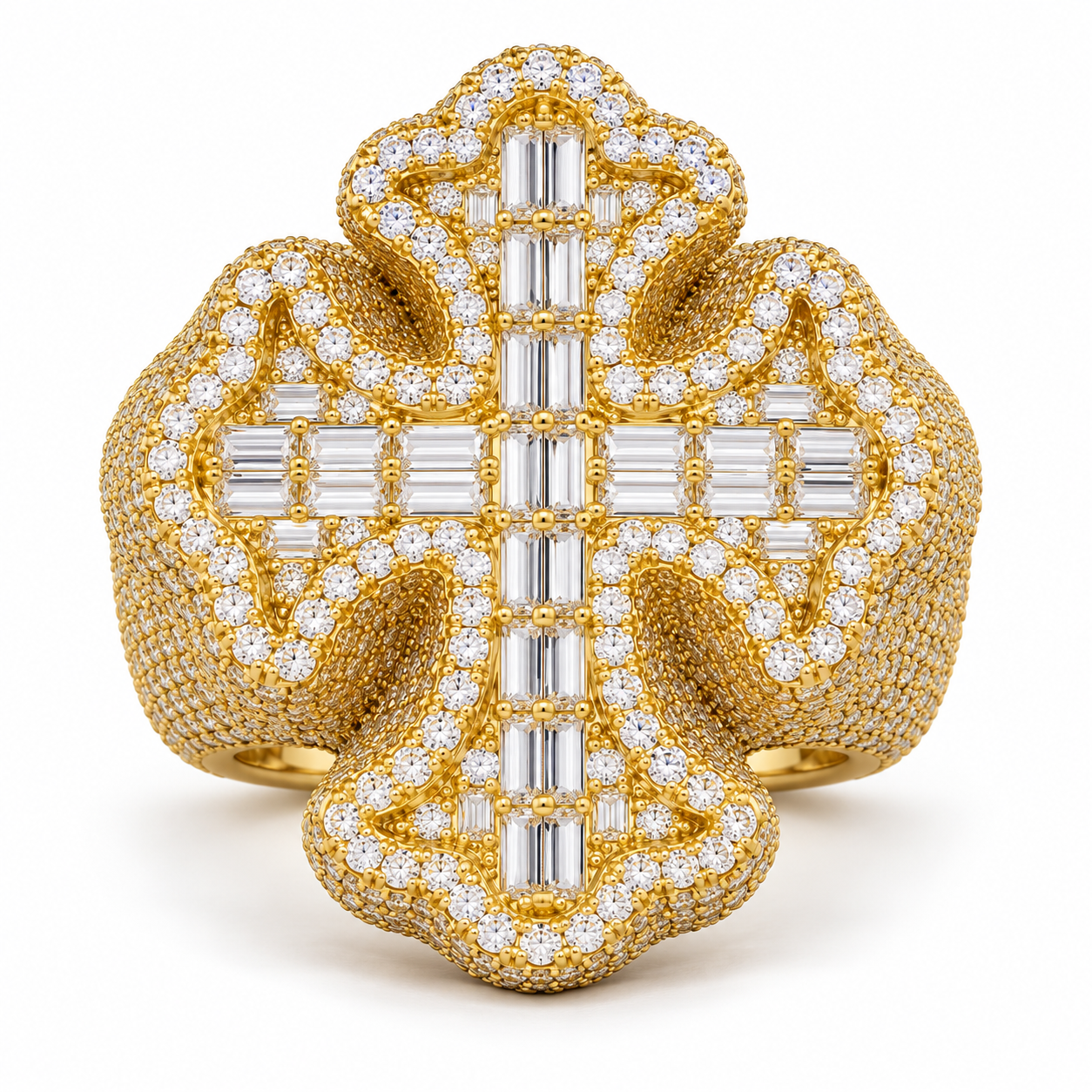 Ornate Baguette Cross Iced Out Yellow Gold-Tone Ring – Custom Hip Hop Statement Jewelry