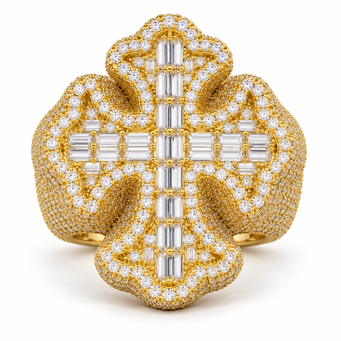 Ornate Baguette Cross Iced Out Yellow Gold-Tone Ring – Custom Hip Hop Statement Jewelry