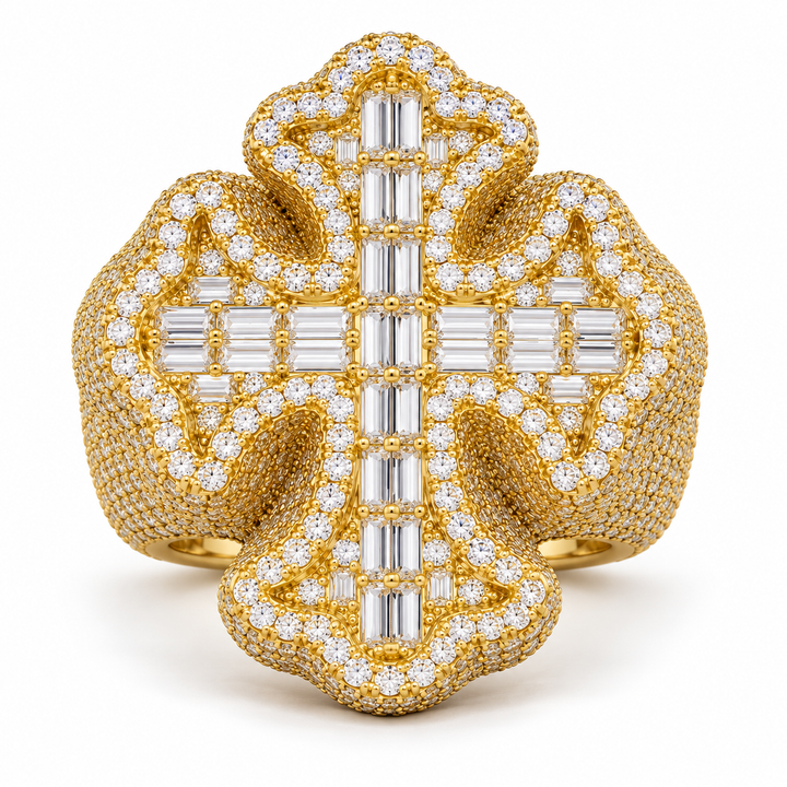 Ornate Baguette Cross Iced Out Yellow Gold-Tone Ring – Custom Hip Hop Statement Jewelry