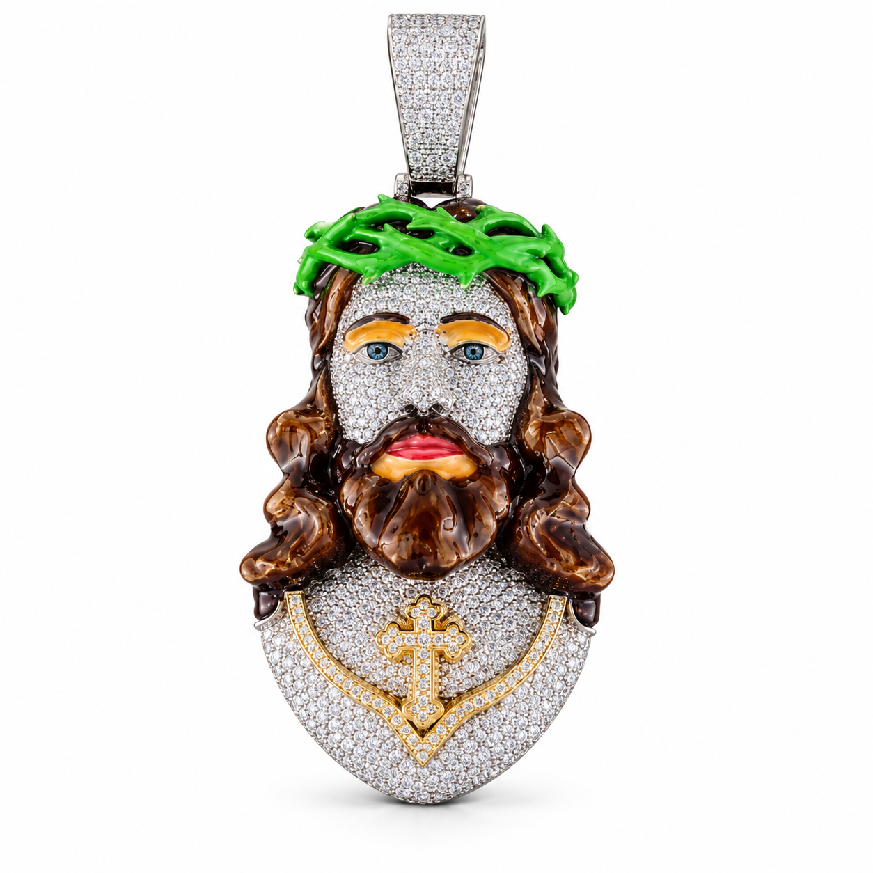 Iced Out Jesus Christ Head Pendant | Multicolor Crown of Thorns Hip Hop Jewelry