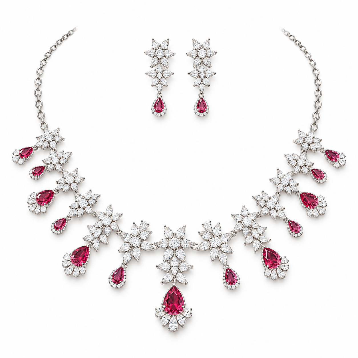 Pink Pear Drop Floral Cluster White-Tone Bridal Necklace and Earrings Set