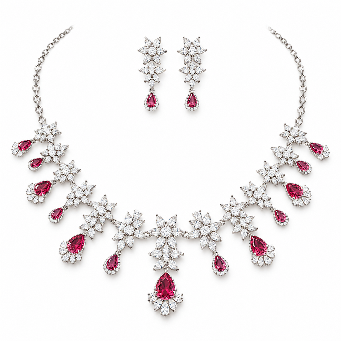 Pink Pear Drop Floral Cluster White-Tone Bridal Necklace and Earrings Set